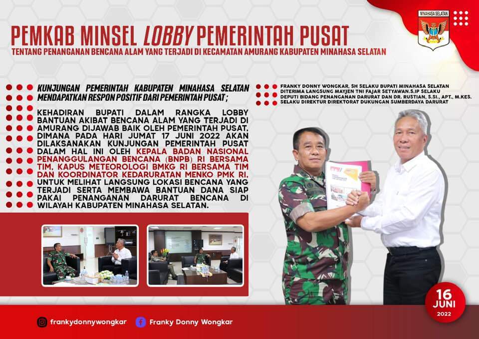 Hasil Lobi Bupati FDW, Besok Kepala BNPB Pusat dan Tim Tinjau Langsung Dampak Bencana di Minsel