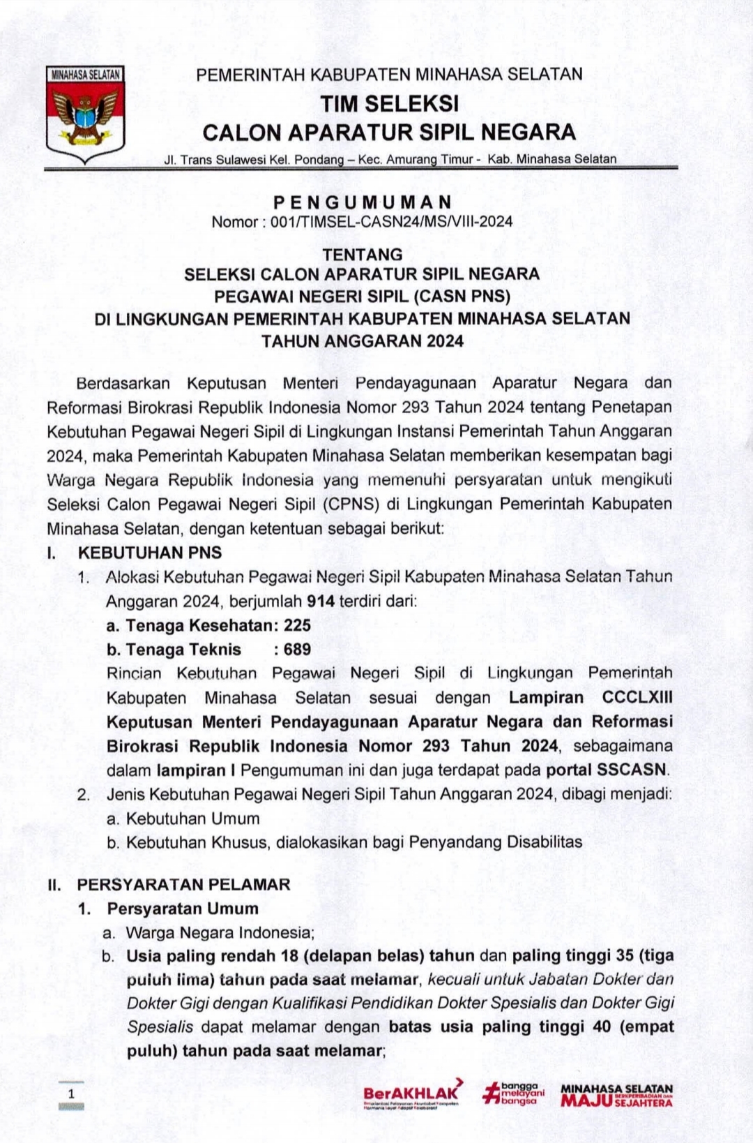 Hasil Lobi Bupati FDW, Tahun Ini Pemkab Minsel Buka 914 Formasi CPNS