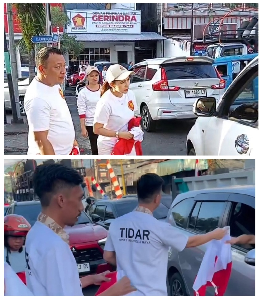 Warga Antusias, DPD dan Sayap Gerindra Sulut Bagikan Ribuan Bendera Merah-Putih