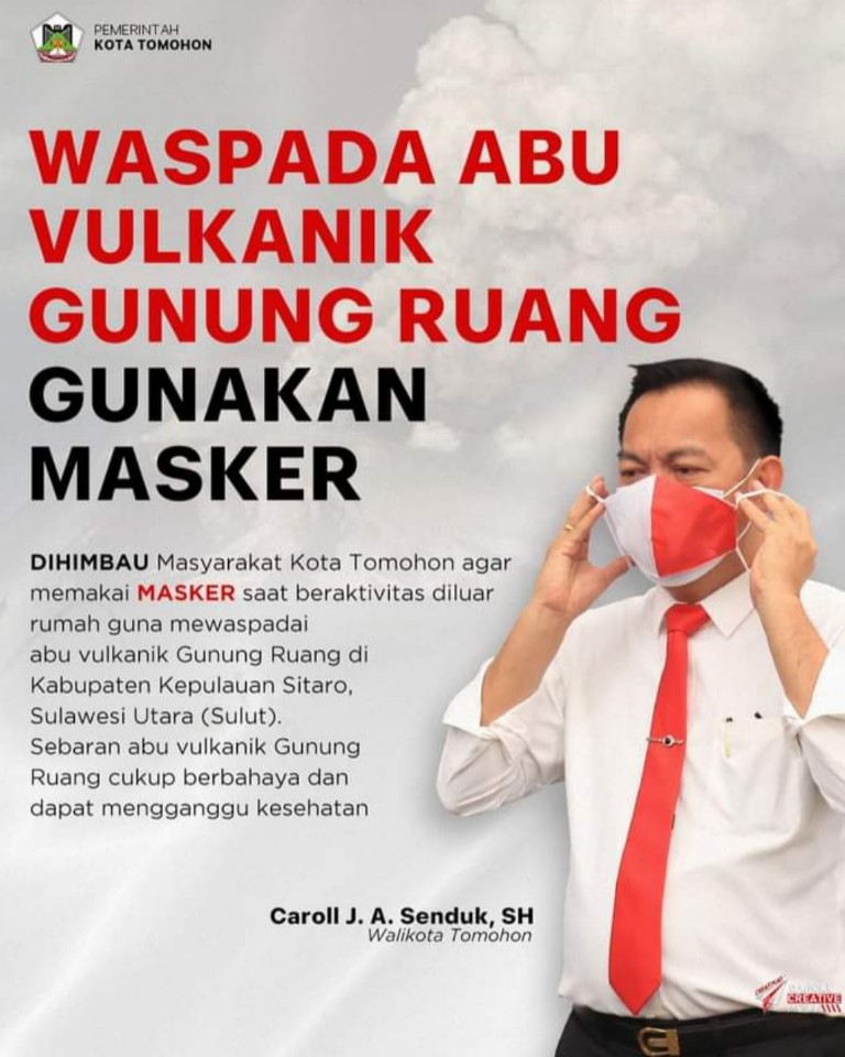 Tomohon Terdampak Abu Vulkanik Gunung Ruang, Walikota Carroll: Waspada dan Gunakan Masker