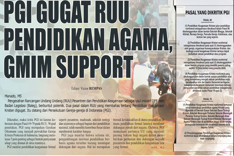 PGI GUGAT RUU PENDIDIKAN AGAMA, GMIM SUPPORT