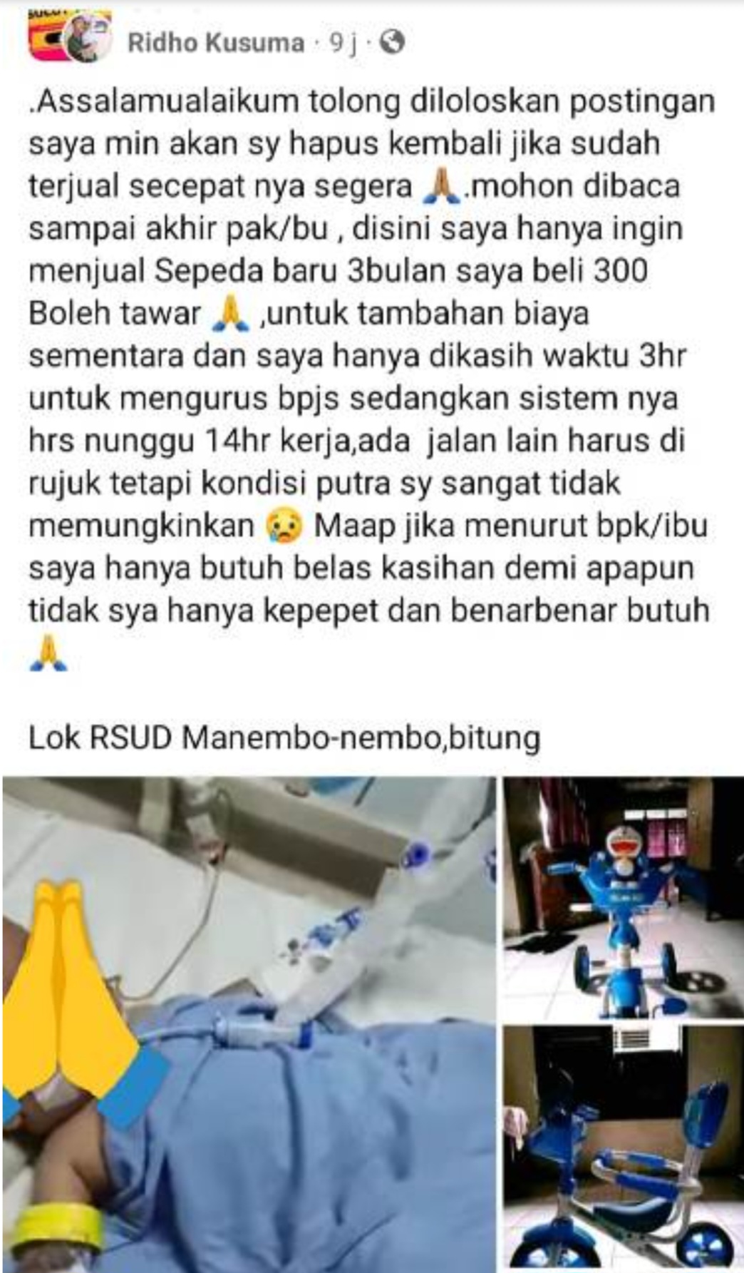 Viral di Bitung, Ortu Jual Sepeda Untuk Biaya Anak di RS, Walikota Mantiri Langsung Respons